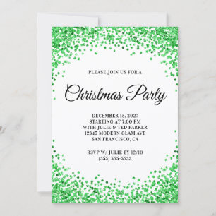 Green Glitter Border White Christmas Party Invitation
