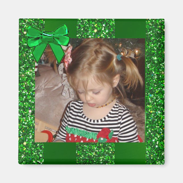 Green Glitter Bow Personalized Christmas Magnet (Front)