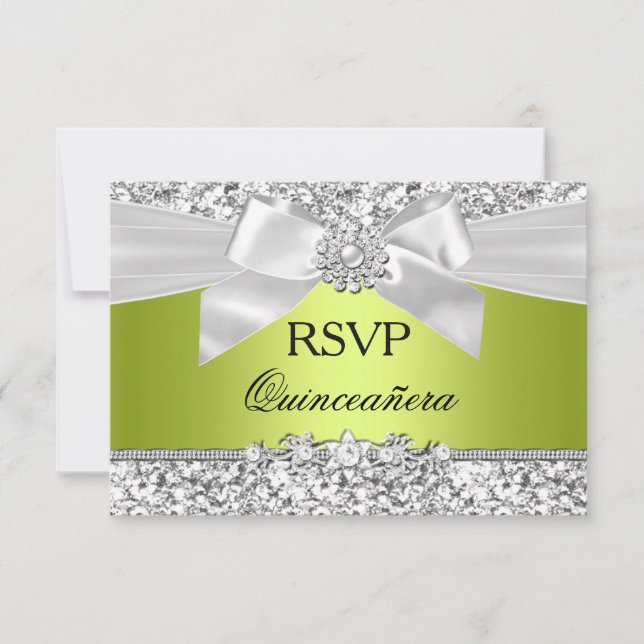 Green Glitter Bow Quinceanera RSVP (Front)