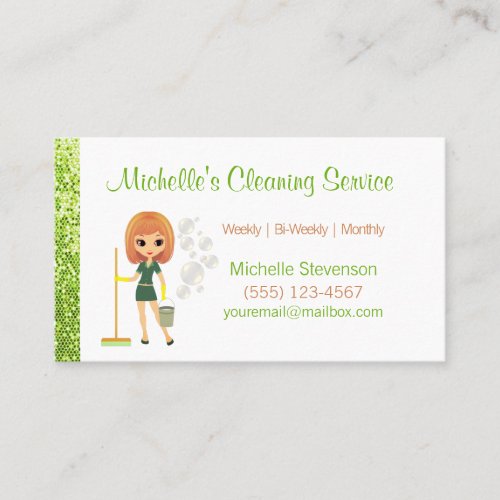 Green Glitter Cartoon Maid House Cleaning Service Business Card