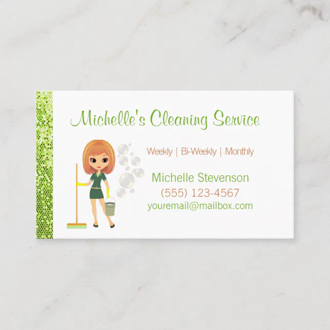 Green Glitter Cartoon Maid House Cleaning Service Business Card | Zazzle