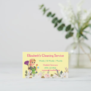 Green Glitter Cartoon Maid House Cleaning Service Business Card