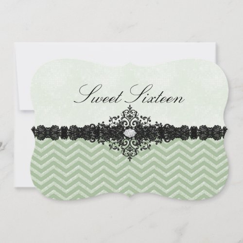 Green Glitter Chevron  Damask Sweet16 Invitation