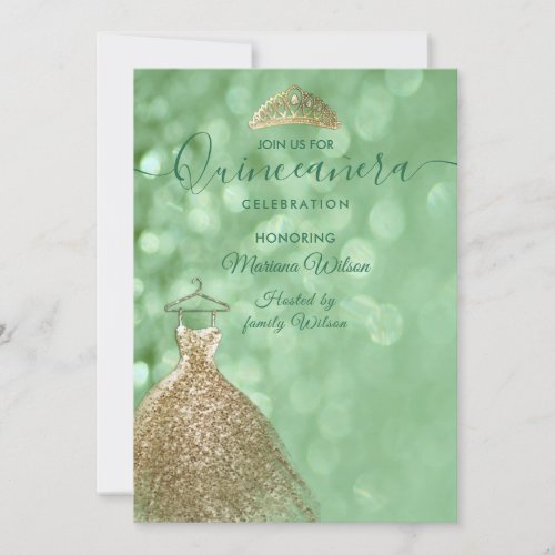 Green glitter chic Gold dress tiara Quinceaera  Invitation