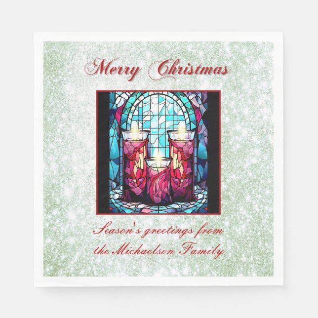 Green Glitter Christmas Stained Glass Candles Napkins (Front)