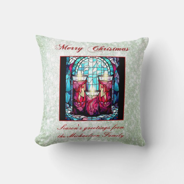 Green Glitter Christmas Stained Glass Candles Throw Pillow (Front)