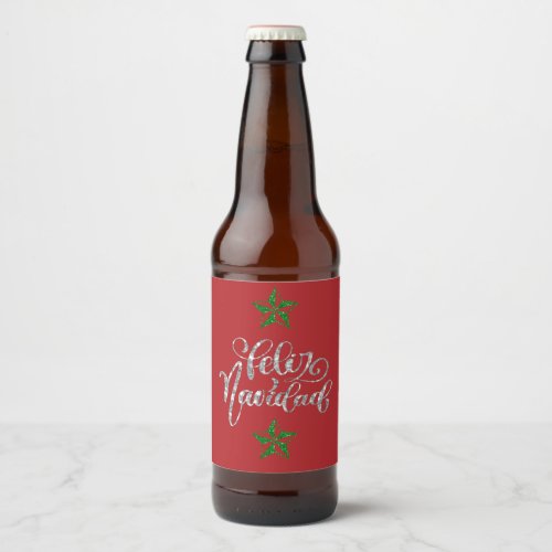 Green Glitter Christmas Star Beer Bottle Label