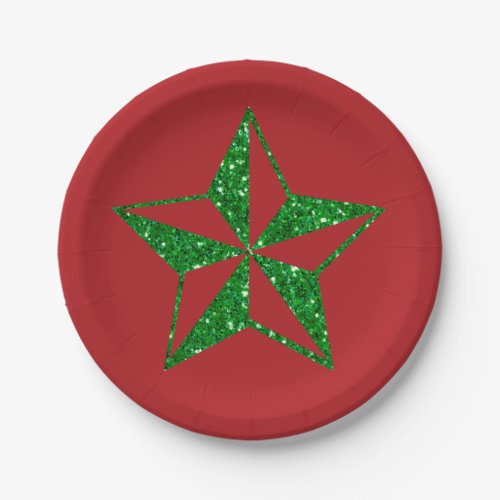 Green Glitter Christmas Star Paper Plates