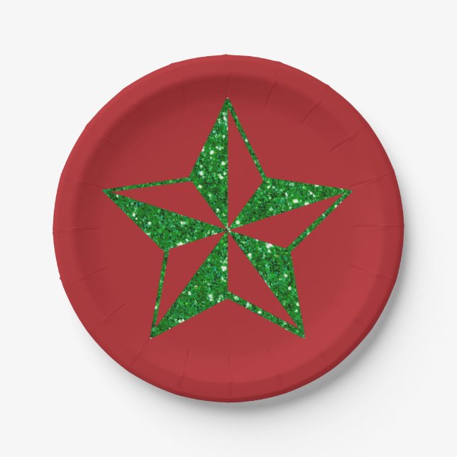 Green Glitter Christmas Star Paper Plates (Front)