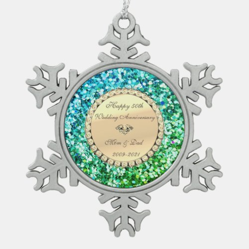 Green Glitter Diamond 50th Wedding Anniversary  Snowflake Pewter Christmas Ornament