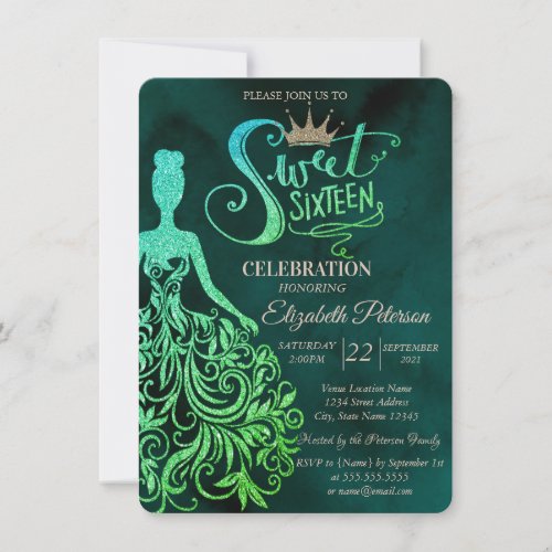 Green Glitter DressDiamonds Green Sweet 16 Invitation