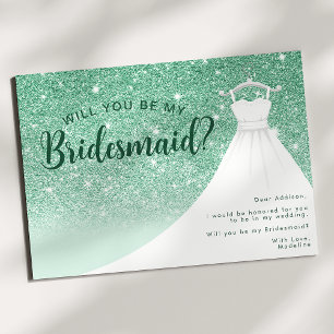 Green Glitter Dress Will You Be My Bridesmaid Invitation