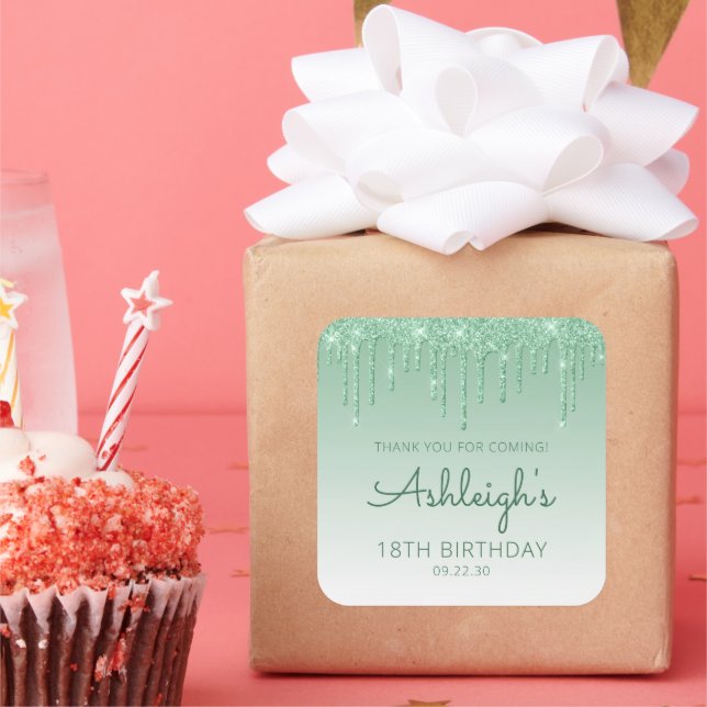 Green Glitter Drip 18th Birthday Thank You Square Sticker (Party)