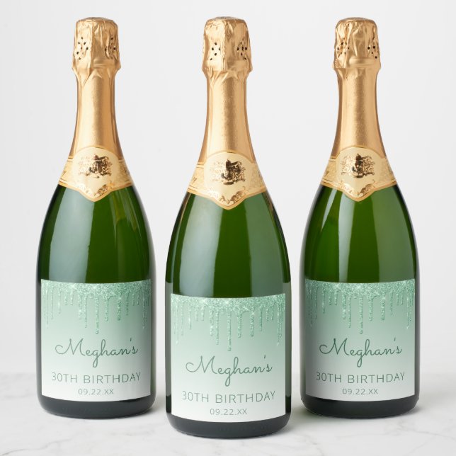 Green Glitter Drip 30th Birthday Party Sparkling Wine Label (Bottles)