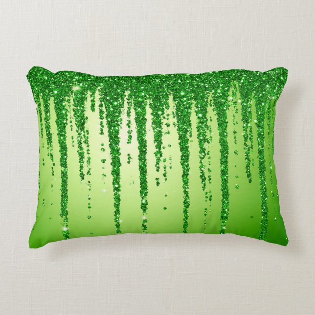 Green Glitter Drip Background With Sparkling Accent Pillow (Front)