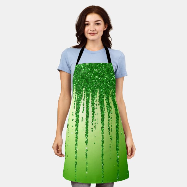 Green Glitter Drip Background With Sparkling Apron (Worn)