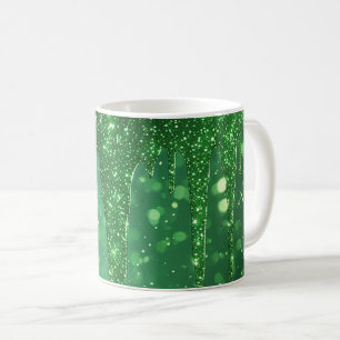 Green Glitter Drip Background With Sparkling Bokeh Coffee Mug