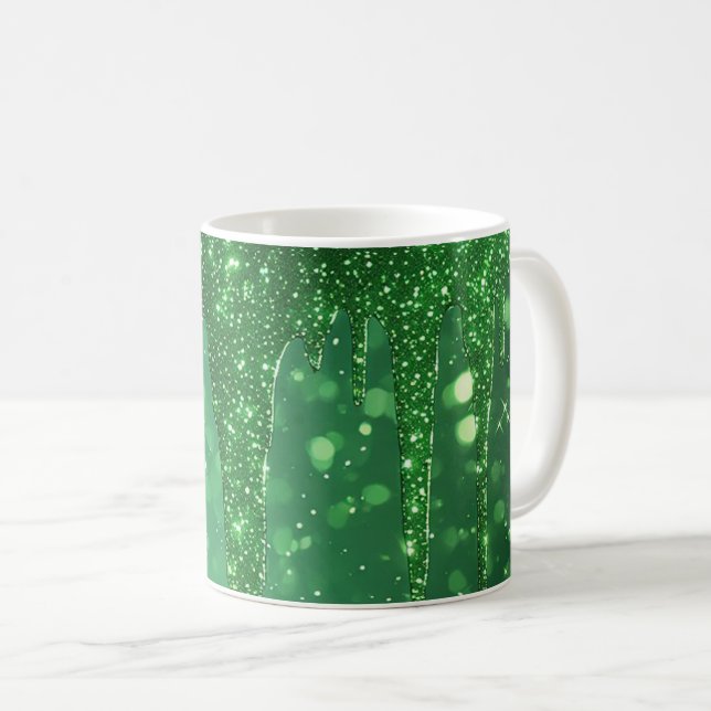 Green Glitter Drip Background With Sparkling Bokeh Coffee Mug (Front Right)