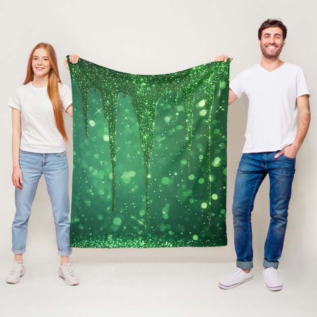 Green Glitter Drip Background With Sparkling Bokeh Fleece Blanket (In Situ)
