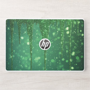 Green Glitter Drip Background With Sparkling Bokeh HP Laptop Skin