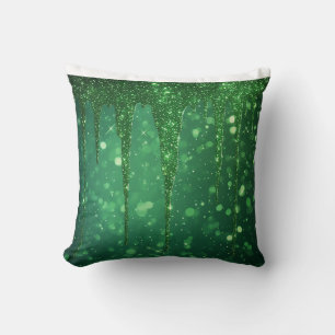 Green Glitter Drip Background With Sparkling Bokeh Throw Pillow
