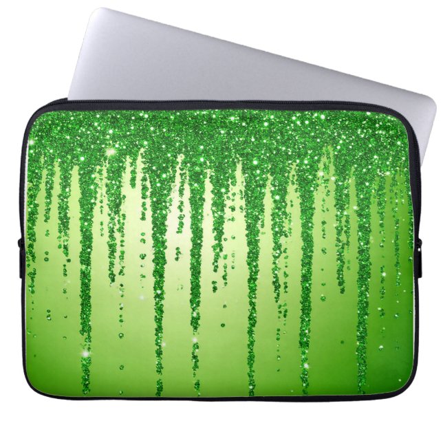 Green Glitter Drip Background With Sparkling Laptop Sleeve (Front)