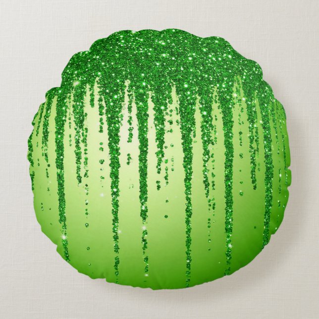 Green Glitter Drip Background With Sparkling Round Pillow (Front)