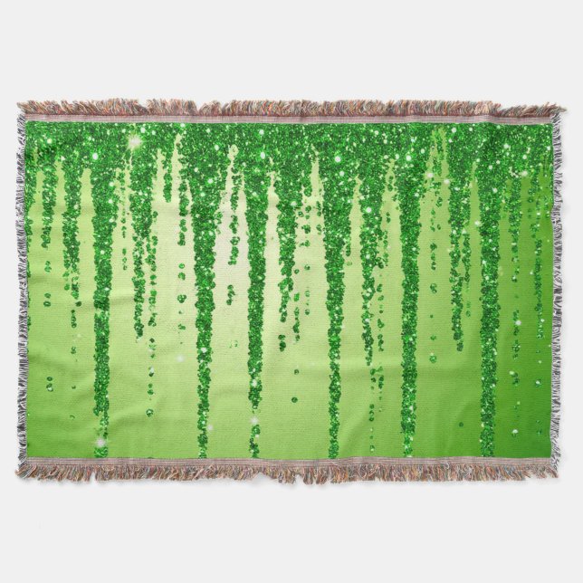 Green Glitter Drip Background With Sparkling Throw Blanket (Front)