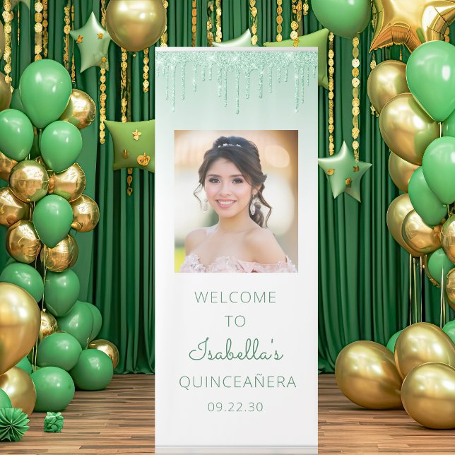 Green Glitter Drip Custom Photo Quinceañera Party Retractable Banner (Creator Uploaded)