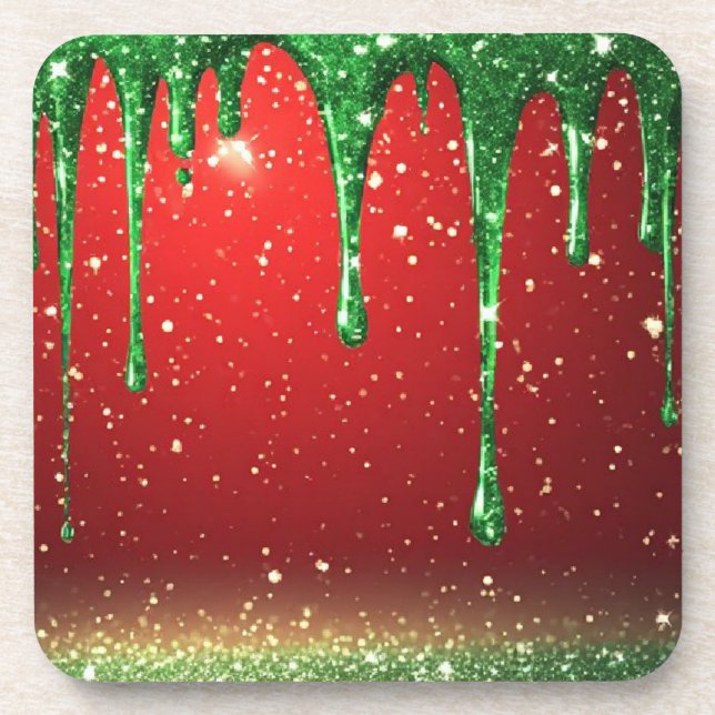 Green Glitter Drip Over Red Background Beverage Coaster (Front)