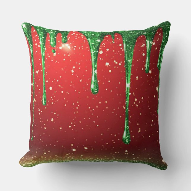 Green Glitter Drip Over Red Background Throw Pillow (Front)