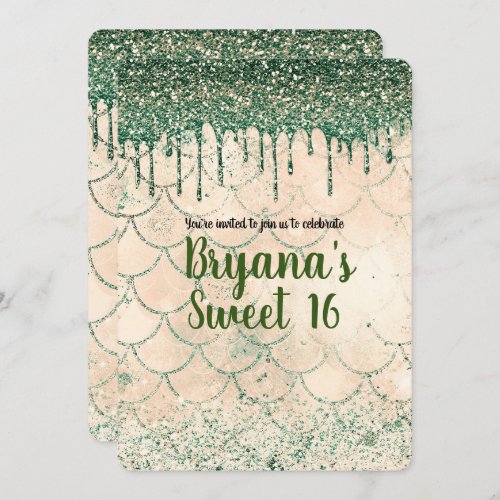 Green Glitter Drip Peach Mermaid Sweet 16 Party Invitation