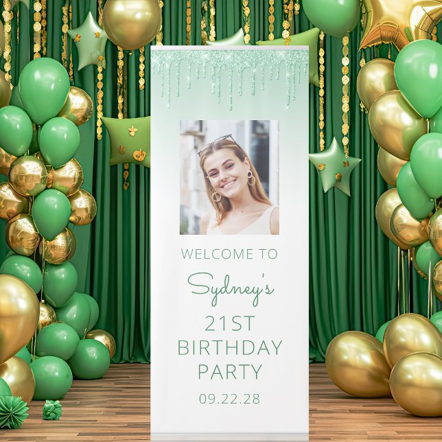 Green Glitter Drip Photo 21st Birthday Party Retractable Banner (Creator Uploaded)