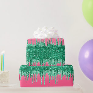 Green Glitter Drip Pink Trendy Glam Bling Birthday Wrapping Paper
