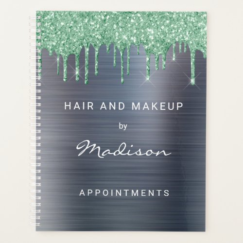 Green Glitter Drip Silver Brush Metal Appointment Planner