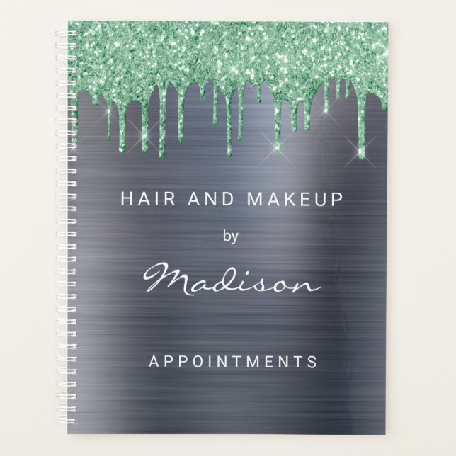 Green Glitter Drip Silver Brush Metal Appointment Planner (Front)