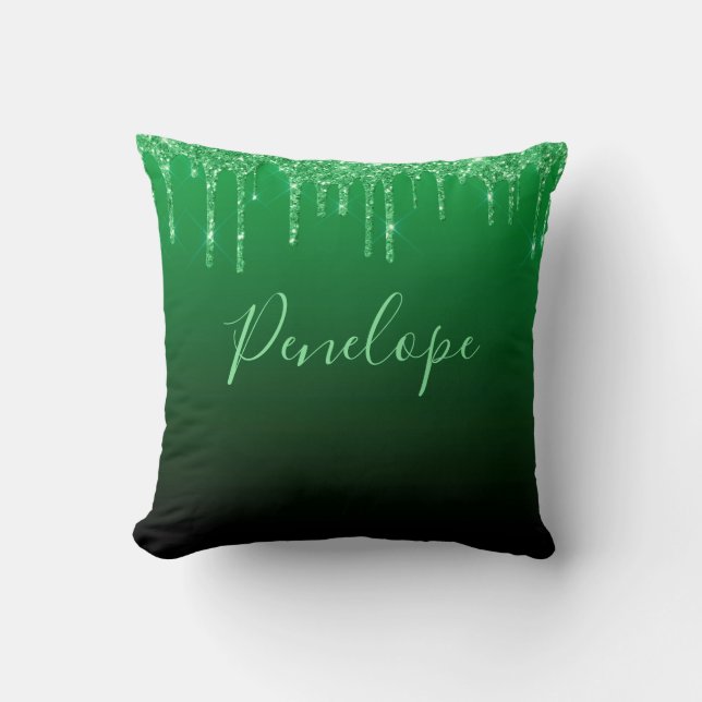 Green Glitter Dripping Elegant Monogram  Throw Pillow (Front)