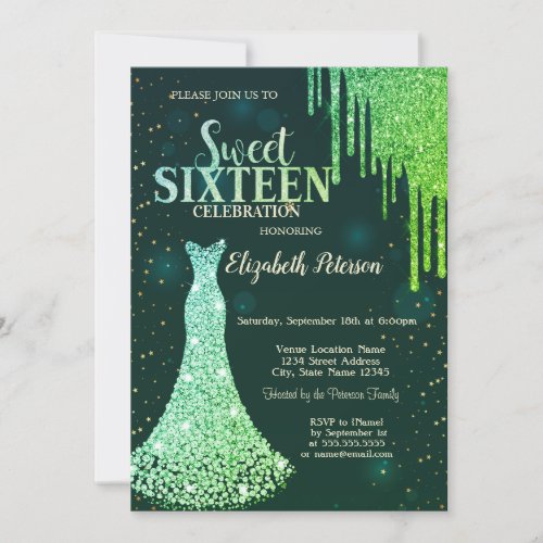 Green Glitter DripsDiamonds Dress Green Sweet 16  Invitation
