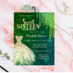 Green Glitter Drips,Gold Dress Stars Sweet 16  Invitation<br><div class="desc">Elegant gold dress and green glitter drip on a green background.</div>