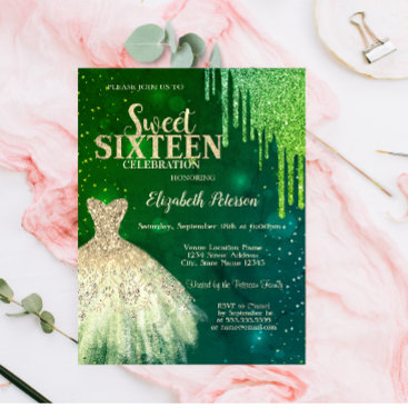 Green Glitter Drips,Gold Dress Stars Sweet 16  Invitation