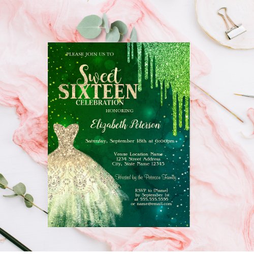 Green Glitter DripsGold Dress Stars Sweet 16  Invitation