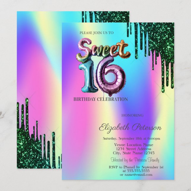 Green Glitter Drips Holographic Balloon Sweet 16  Invitation (Front/Back)