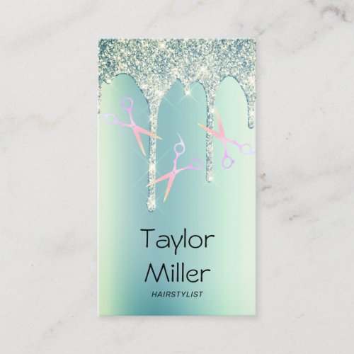 Green glitter drips holographic scissors hair business card