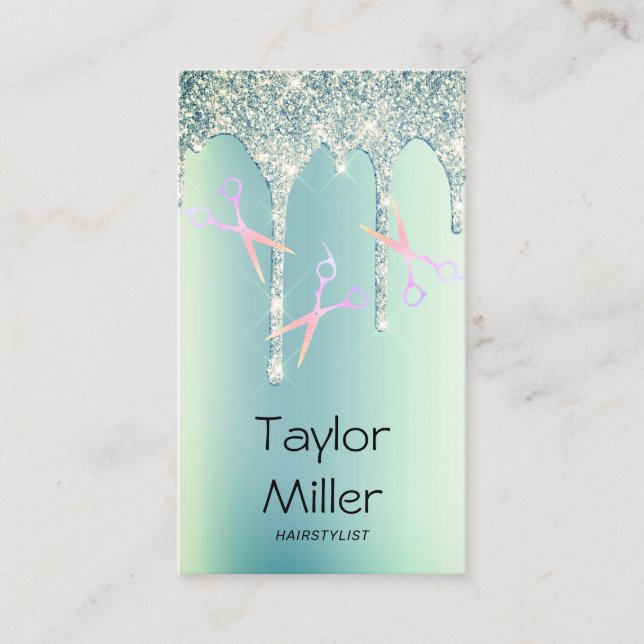 Green glitter drips holographic scissors hair business card (Front)