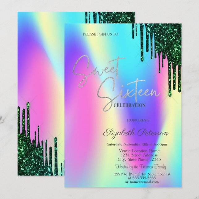 Green Glitter Drips Holographic Sweet 16  Invitation (Front/Back)