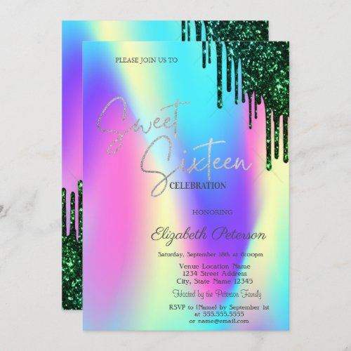 Green Glitter Drips Holographic Sweet 16  Invitation