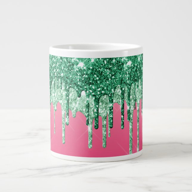 Green Glitter Drips Pink Glam Trendy Jumbo Giant Coffee Mug (Front)