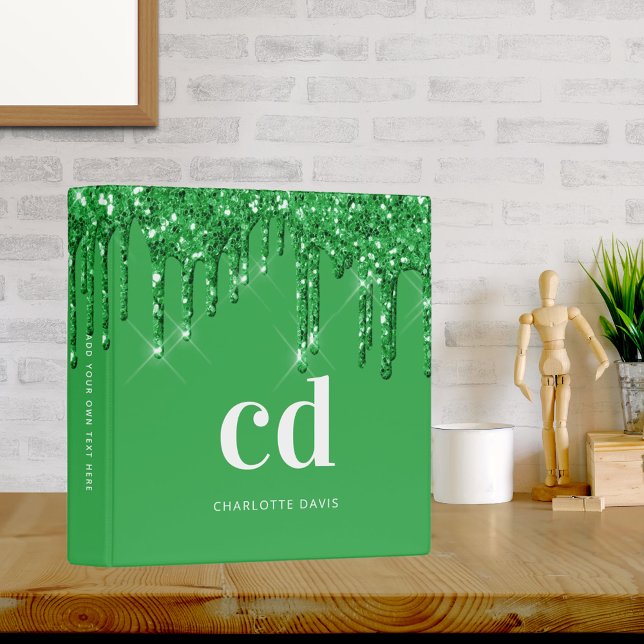 Green glitter drips white monogram name 3 ring binder (Creator Uploaded)