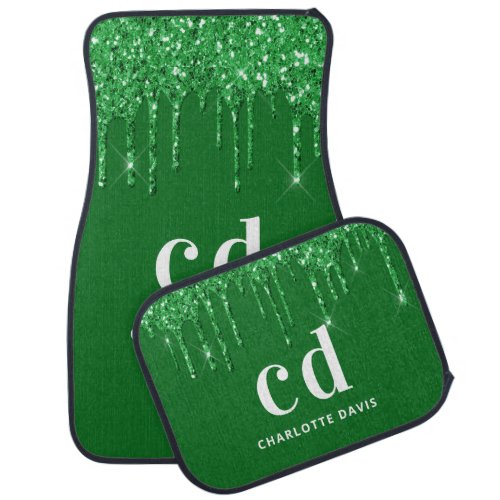 Green glitter drips white name monogram initials car floor mat
