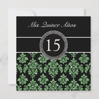 Green Glitter Effect Black Damask Quinceanera Invitation by DamaskGallery at Zazzle